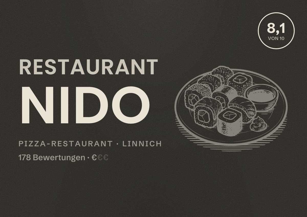 Illustriertes Poster von Restaurant Nido, Pizza-Restaurant in Linnich: Bewertung 8,1 von 10 aus 178 Bewertungen, Preisniveau €