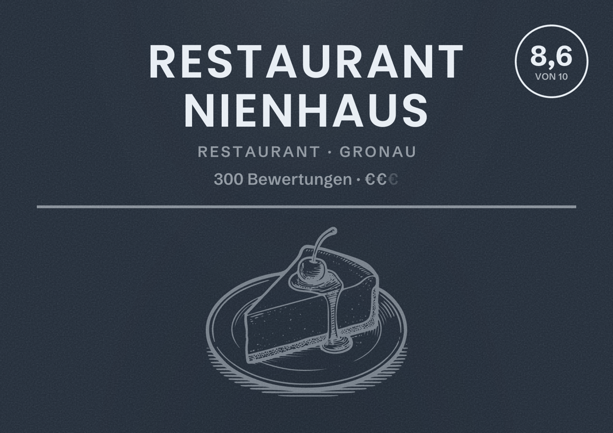 Illustriertes Poster von Restaurant Nienhaus, Restaurant in Gronau: Bewertung 8,6 von 10 aus 300 Bewertungen, Preisniveau €€