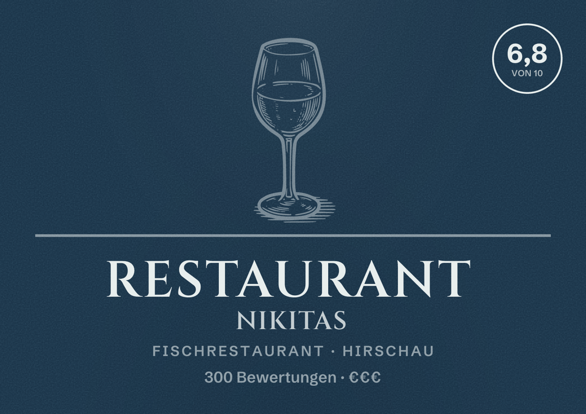 Illustriertes Poster von Restaurant Nikitas, Fischrestaurant in Hirschau: Bewertung 6,8 von 10 aus 300 Bewertungen, Preisniveau €€€