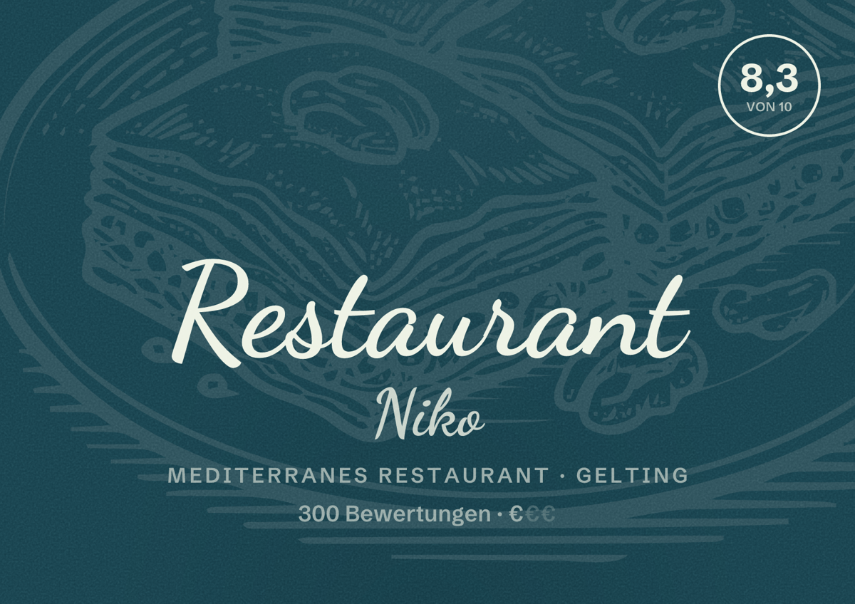 Illustriertes Poster von Restaurant Niko, Mediterranes Restaurant in Gelting: Bewertung 8,3 von 10 aus 300 Bewertungen, Preisniveau €