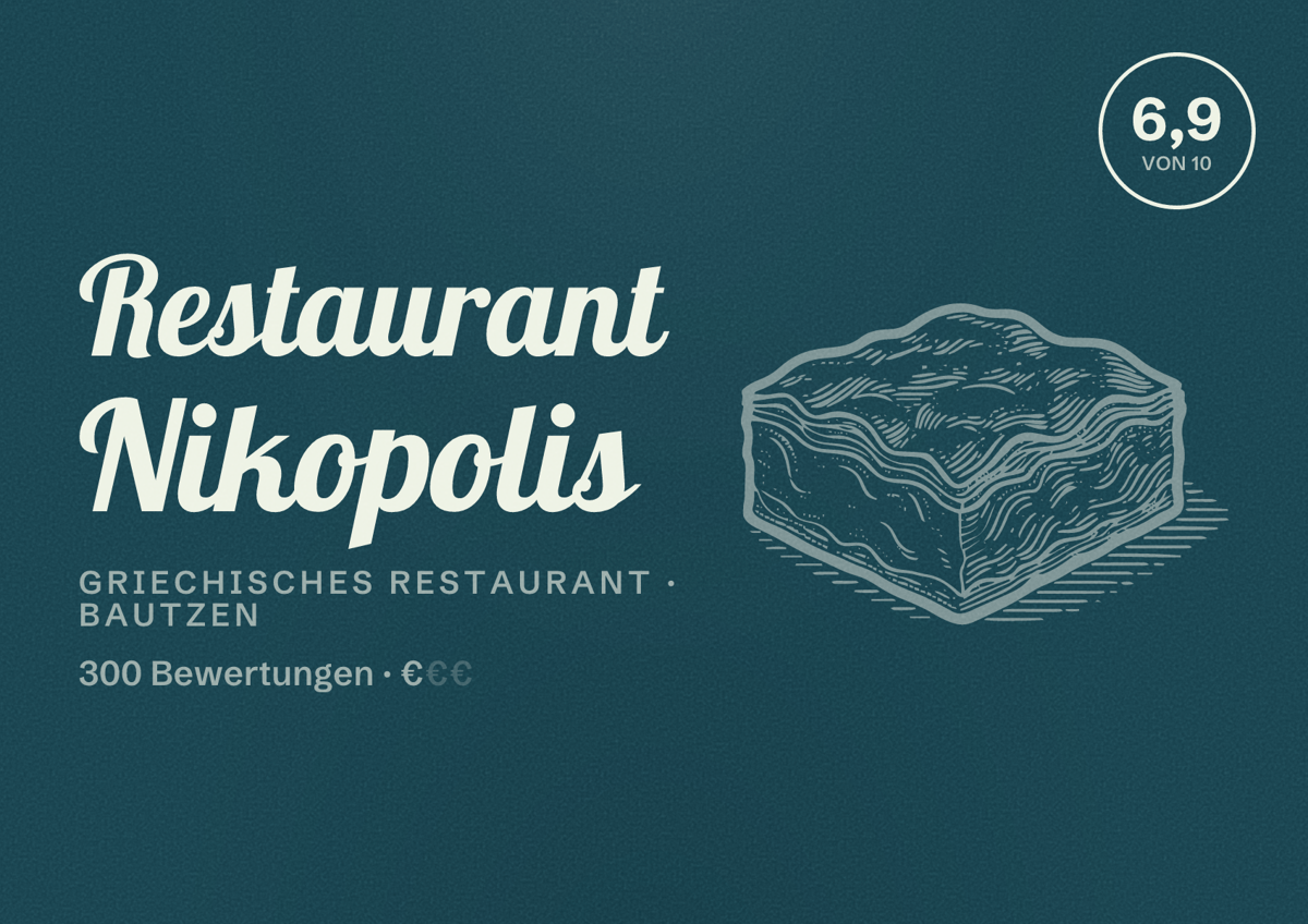 Illustriertes Poster von Restaurant Nikopolis, Griechisches Restaurant in Bautzen: Bewertung 6,9 von 10 aus 300 Bewertungen, Preisniveau €