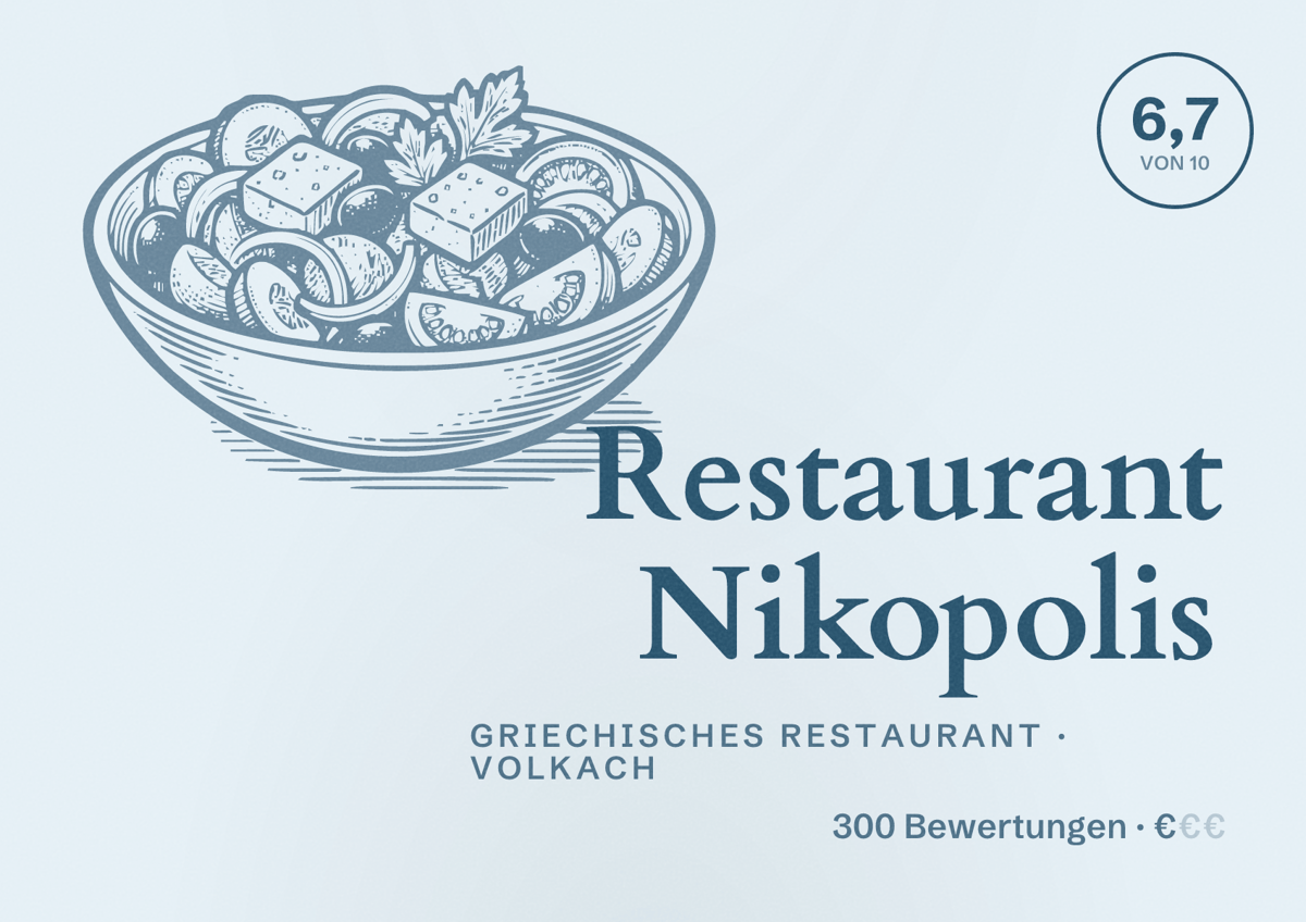Illustriertes Poster von Restaurant Nikopolis, Griechisches Restaurant in Volkach: Bewertung 6,7 von 10 aus 300 Bewertungen, Preisniveau €