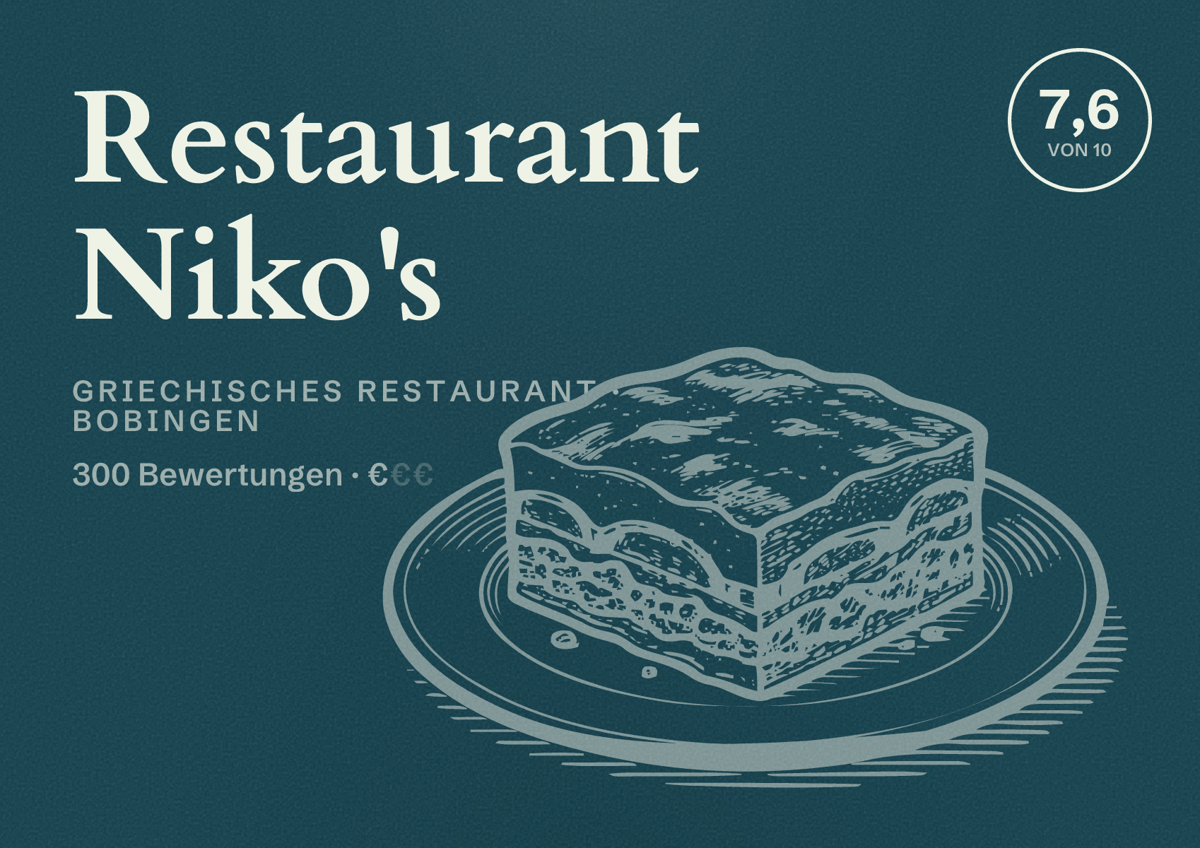 Illustriertes Poster von Restaurant Niko's, Griechisches Restaurant in Bobingen: Bewertung 7,6 von 10 aus 300 Bewertungen, Preisniveau €