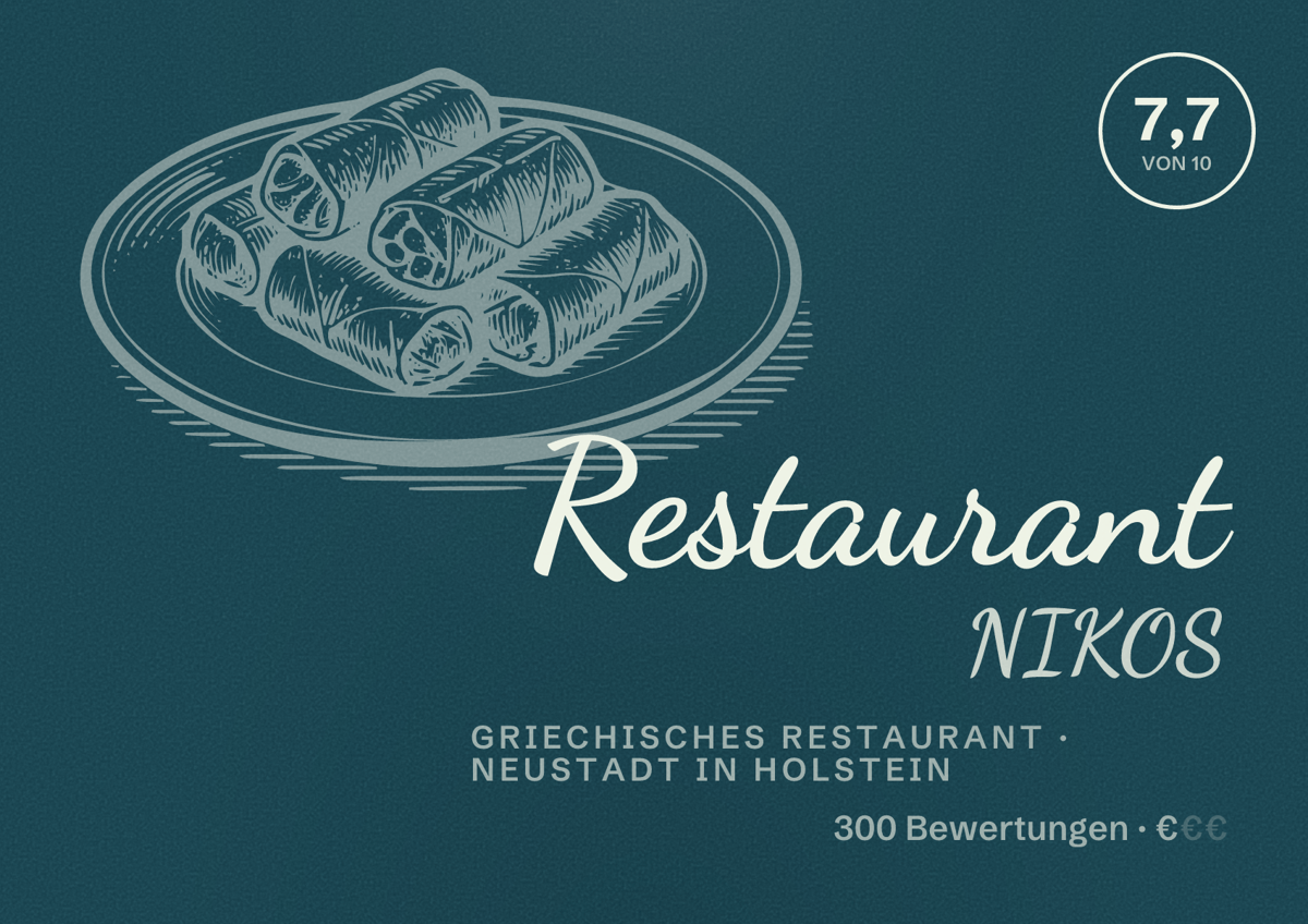 Illustriertes Poster von Restaurant NIKOS, Griechisches Restaurant in Neustadt in Holstein: Bewertung 7,7 von 10 aus 300 Bewertungen, Preisniveau €