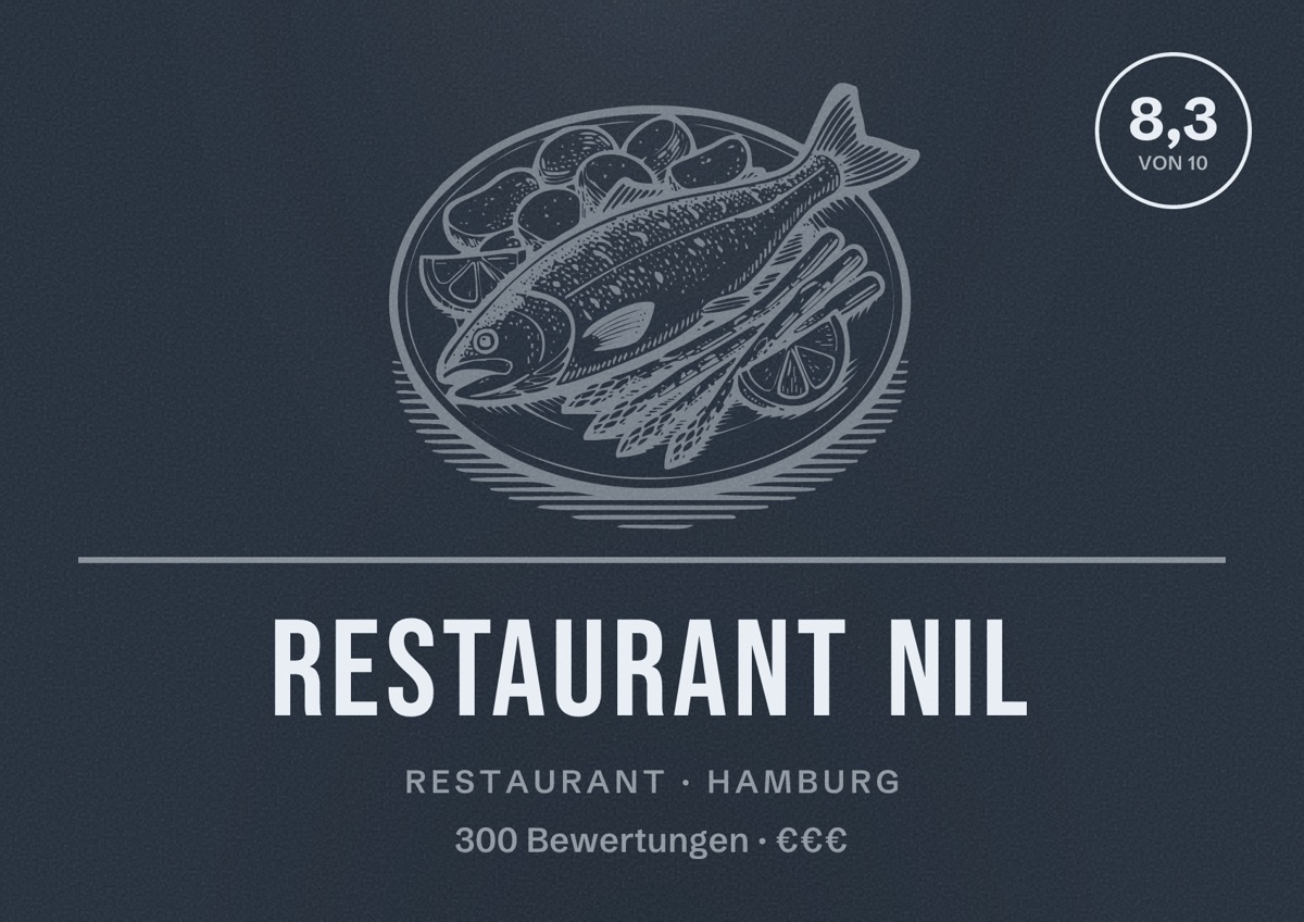 Illustriertes Poster von Restaurant Nil, Restaurant in Hamburg: Bewertung 8,3 von 10 aus 300 Bewertungen, Preisniveau €€€