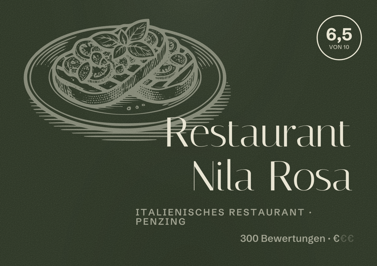 Illustriertes Poster von Restaurant Nila Rosa, Italienisches Restaurant in Penzing: Bewertung 6,5 von 10 aus 300 Bewertungen, Preisniveau €