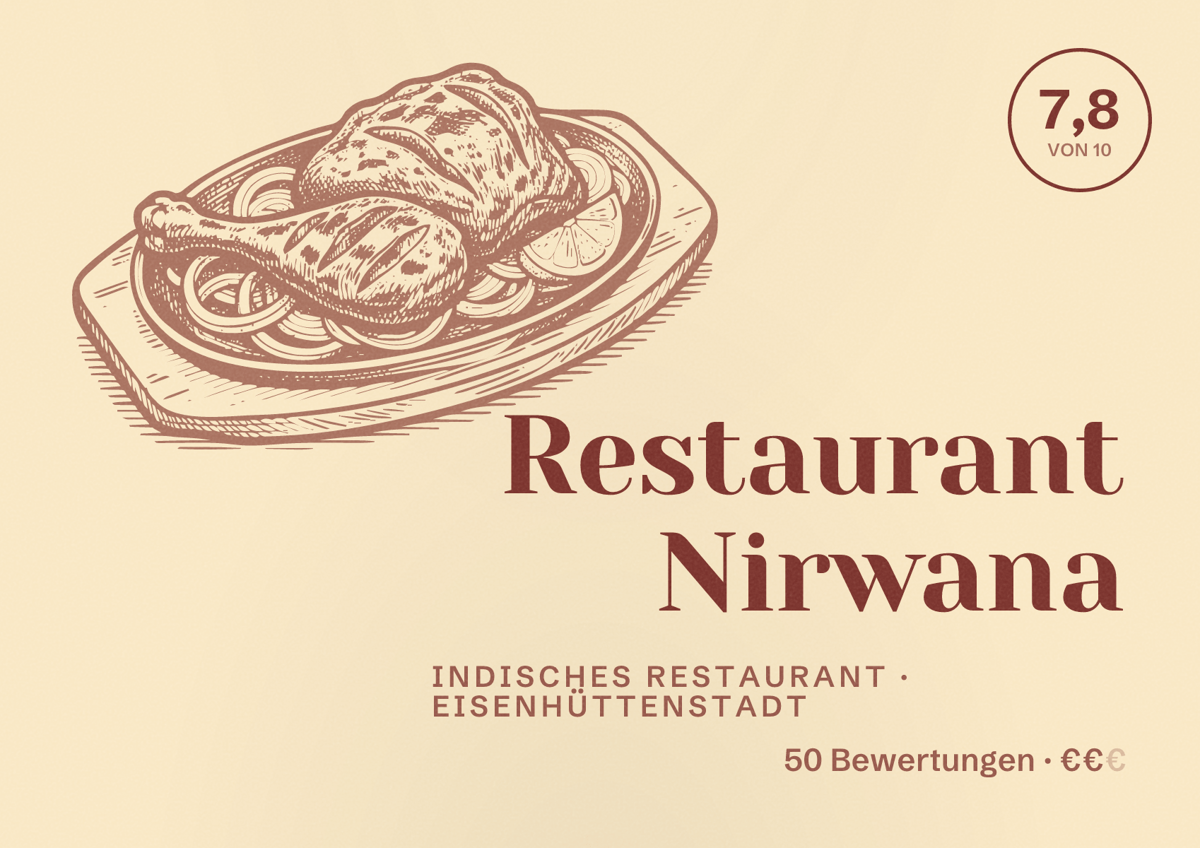 Illustriertes Poster von Restaurant Nirwana, Indisches Restaurant in Eisenhüttenstadt: Bewertung 7,8 von 10 aus 50 Bewertungen, Preisniveau €€
