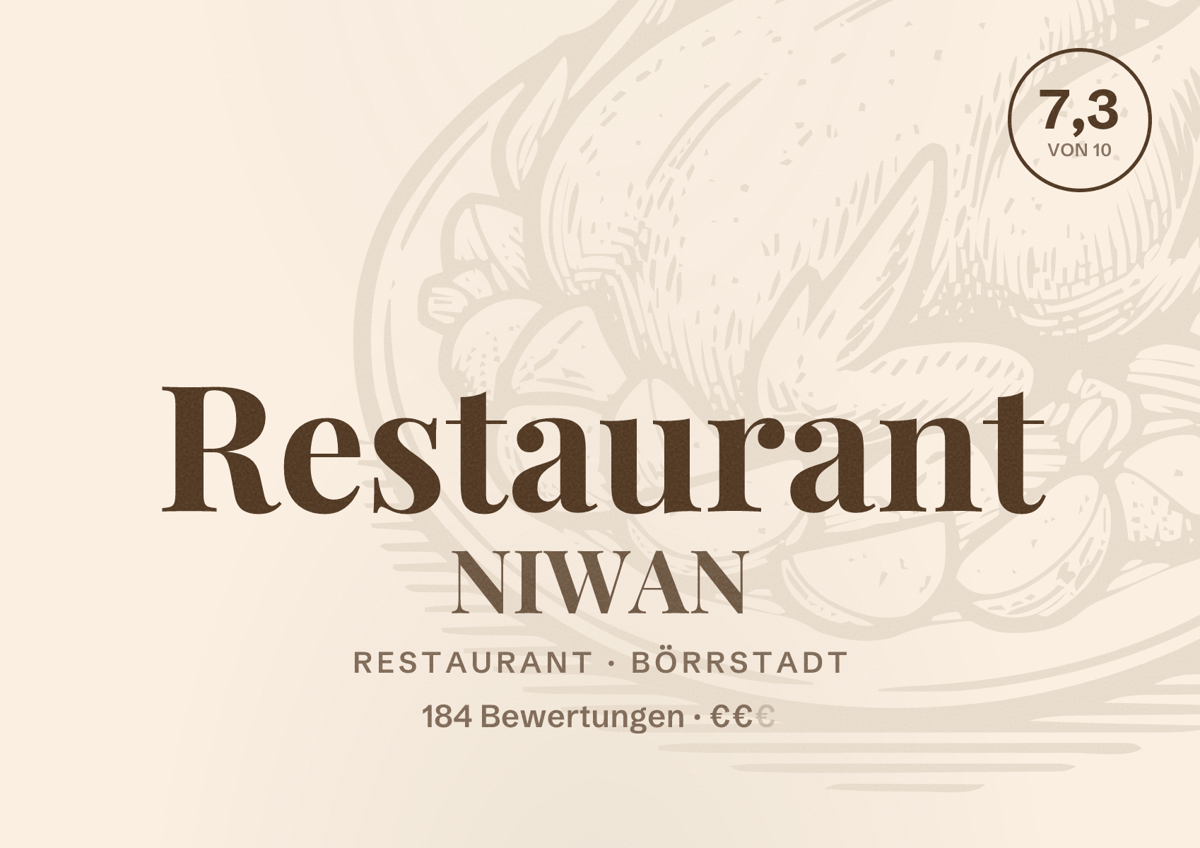Illustriertes Poster von Restaurant NIWAN, Restaurant in Börrstadt: Bewertung 7,3 von 10 aus 184 Bewertungen, Preisniveau €€