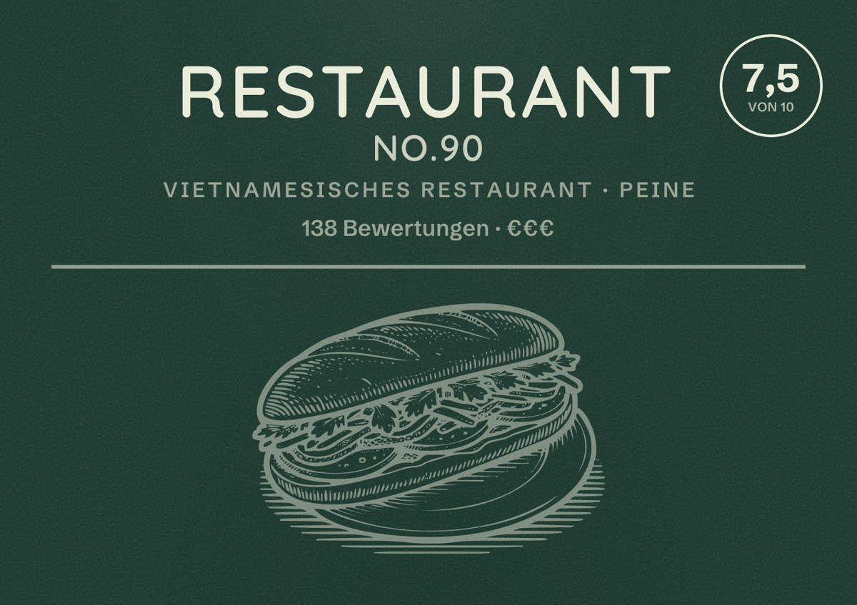Illustriertes Poster von Restaurant No.90, Vietnamesisches Restaurant in Peine: Bewertung 7,5 von 10 aus 138 Bewertungen, Preisniveau €€€
