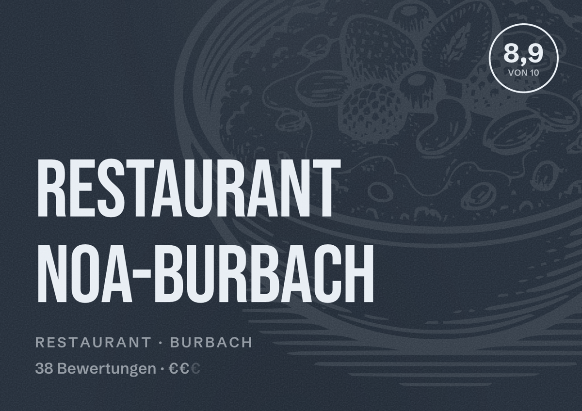 Illustriertes Poster von Restaurant NOA-Burbach, Restaurant in Burbach: Bewertung 8,9 von 10 aus 38 Bewertungen, Preisniveau €€