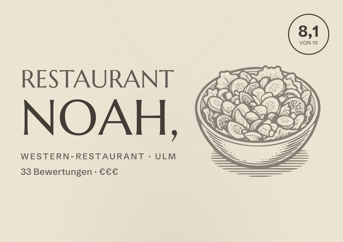 Illustriertes Poster von Restaurant Noah,, Western-Restaurant in Ulm: Bewertung 8,1 von 10 aus 33 Bewertungen, Preisniveau €€€