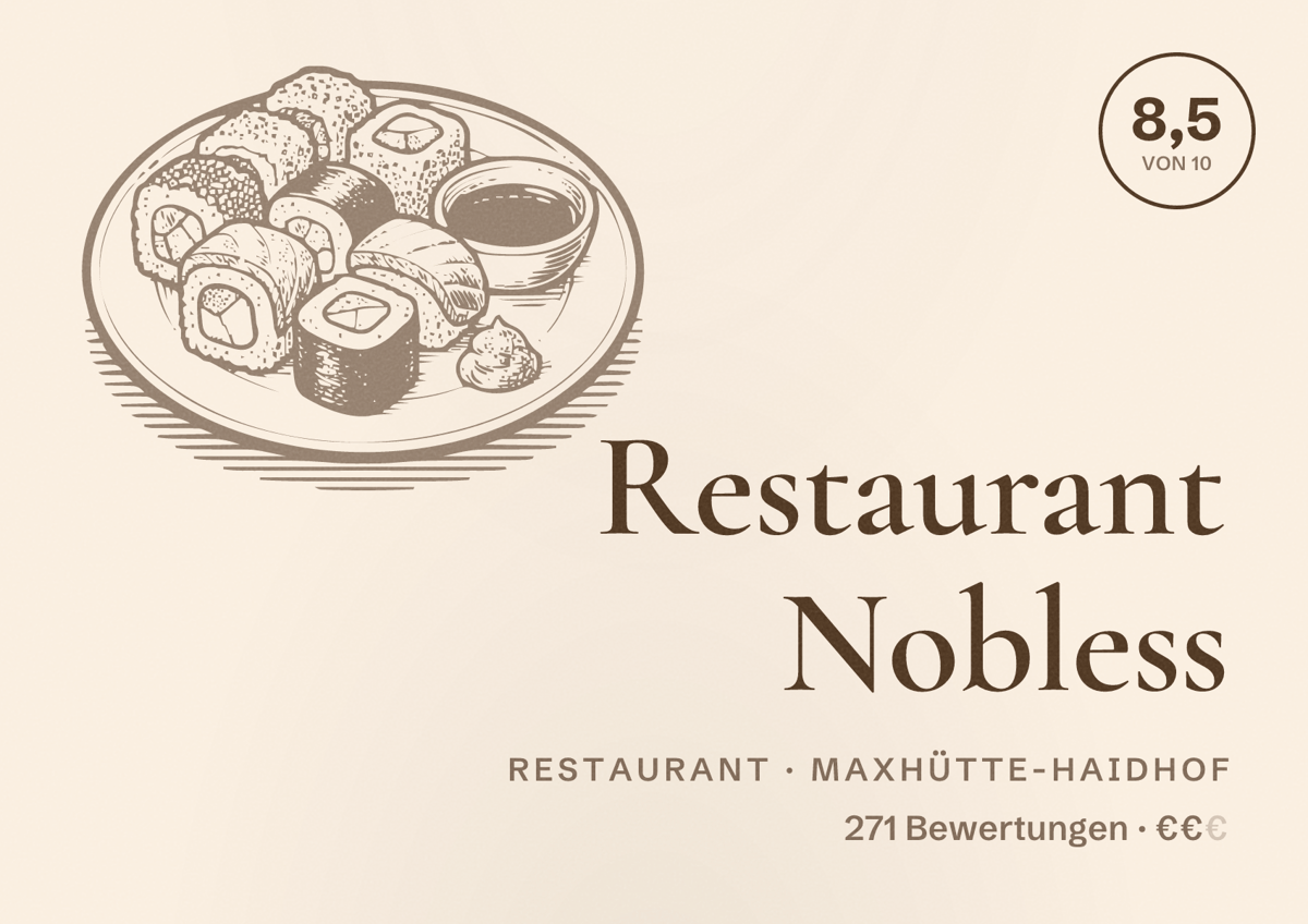 Illustriertes Poster von Restaurant Nobless, Restaurant in Maxhütte-Haidhof: Bewertung 8,5 von 10 aus 271 Bewertungen, Preisniveau €€
