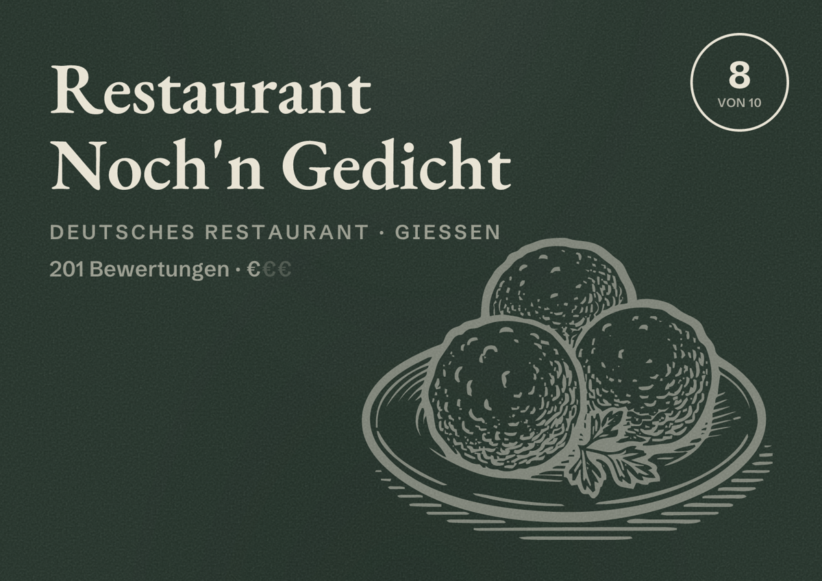 Illustriertes Poster von Restaurant Noch'n Gedicht, Deutsches Restaurant in Gießen: Bewertung 8 von 10 aus 201 Bewertungen, Preisniveau €