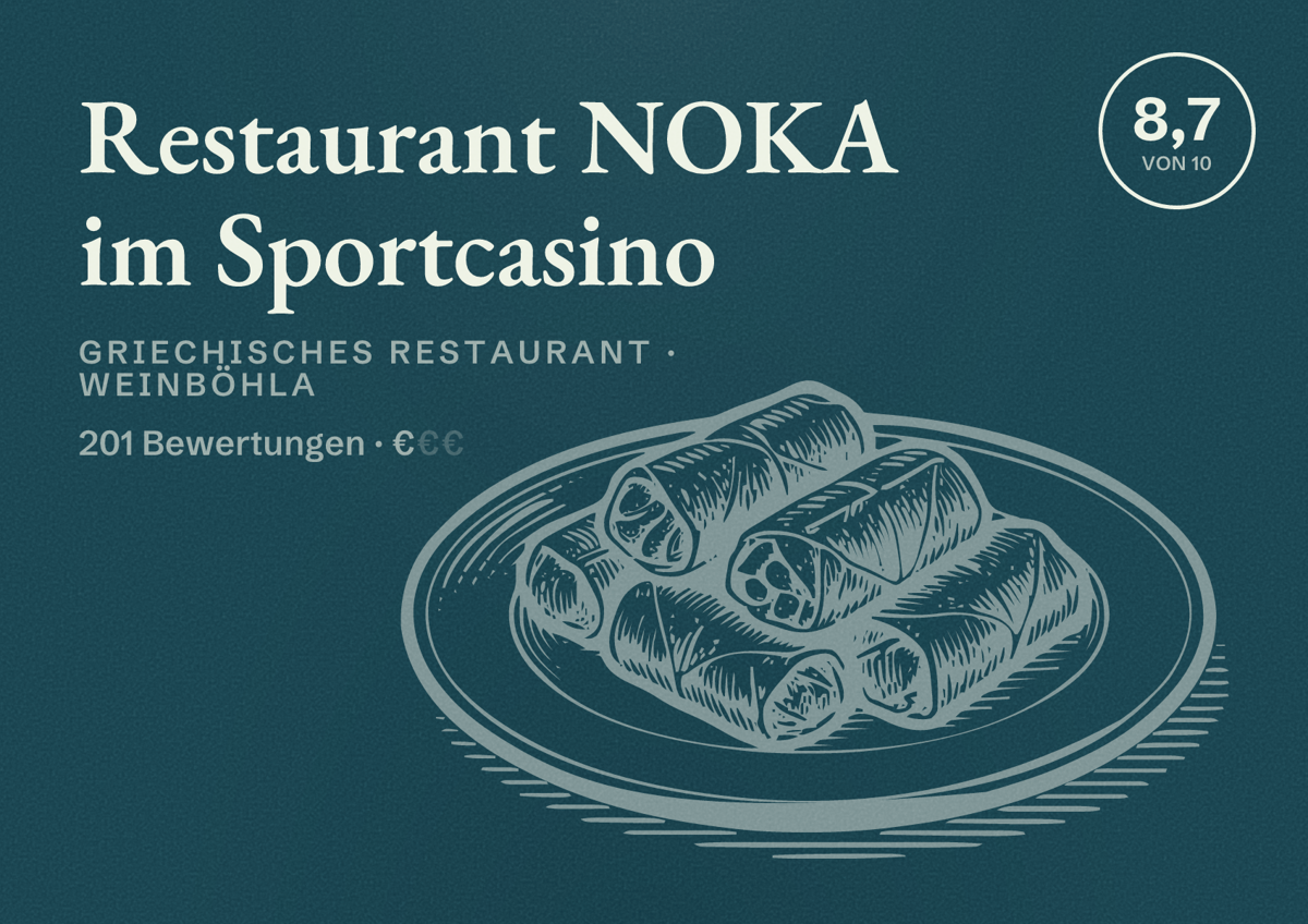 Illustriertes Poster von Restaurant NOKA im Sportcasino, Griechisches Restaurant in Weinböhla: Bewertung 8,7 von 10 aus 201 Bewertungen, Preisniveau €