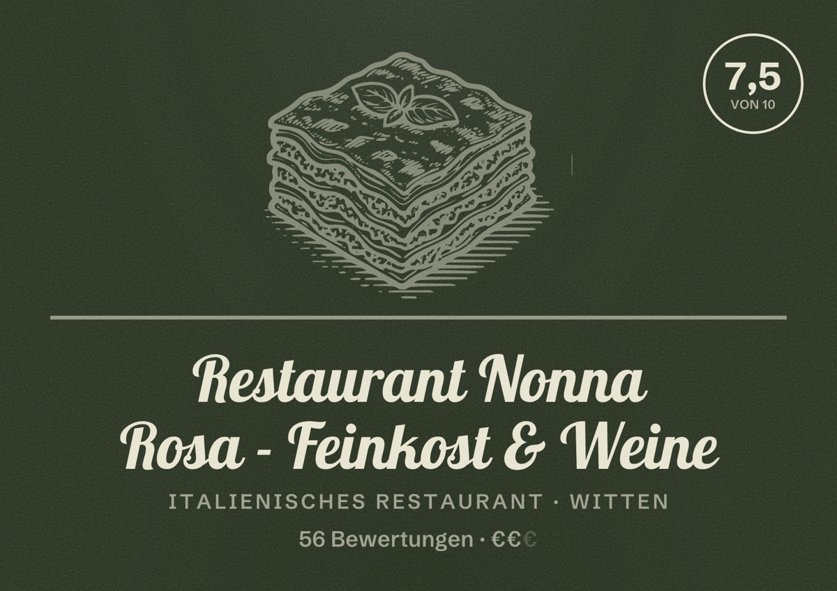 Illustriertes Poster von Restaurant Nonna Rosa - Feinkost & Weine, Italienisches Restaurant in Witten: Bewertung 7,5 von 10 aus 56 Bewertungen, Preisniveau €€