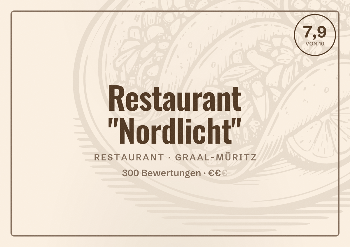 Illustriertes Poster von Restaurant "Nordlicht", Restaurant in Graal-Müritz: Bewertung 7,9 von 10 aus 300 Bewertungen, Preisniveau €€
