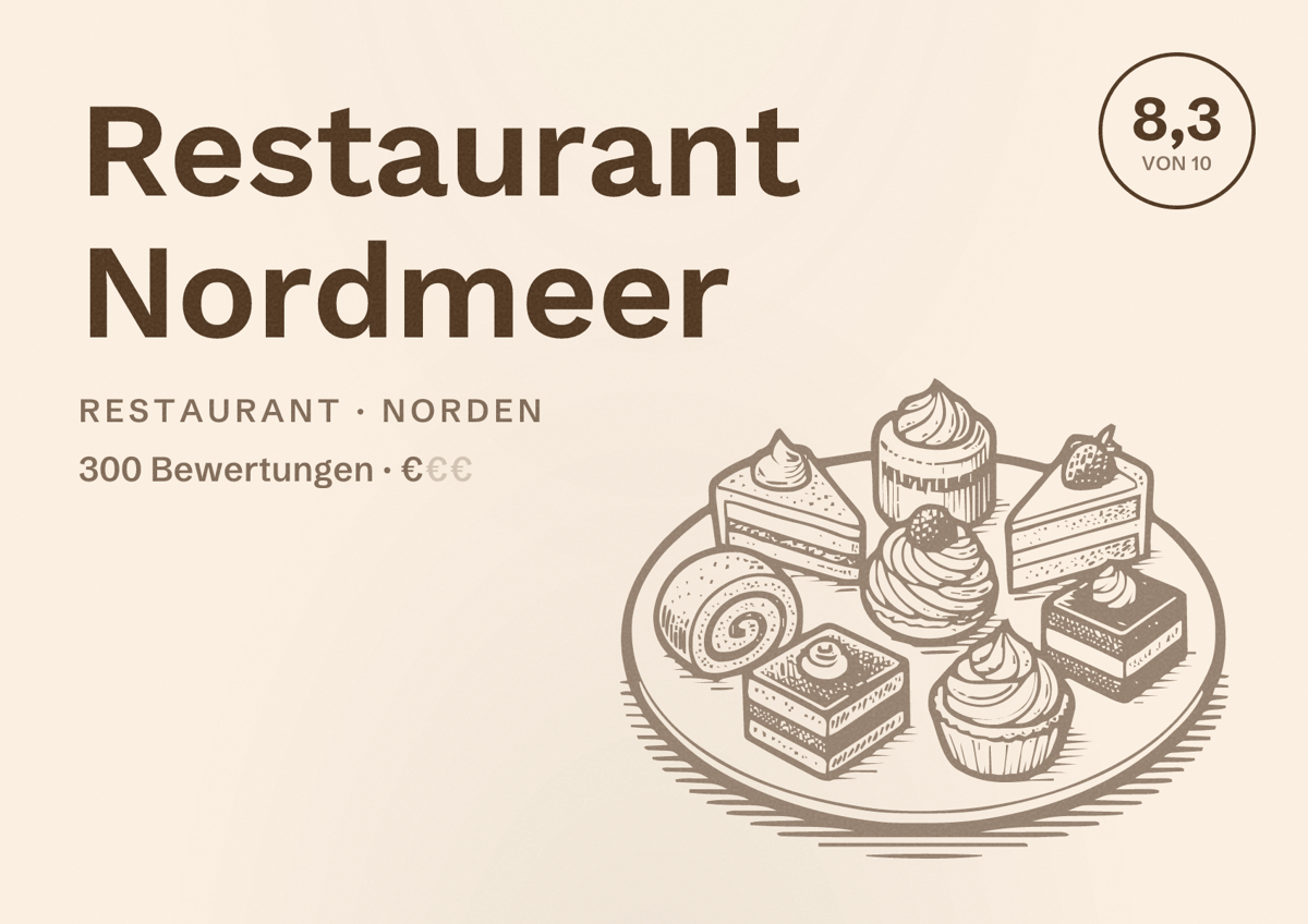 Illustriertes Poster von Restaurant Nordmeer, Restaurant in Norden: Bewertung 8,3 von 10 aus 300 Bewertungen, Preisniveau €