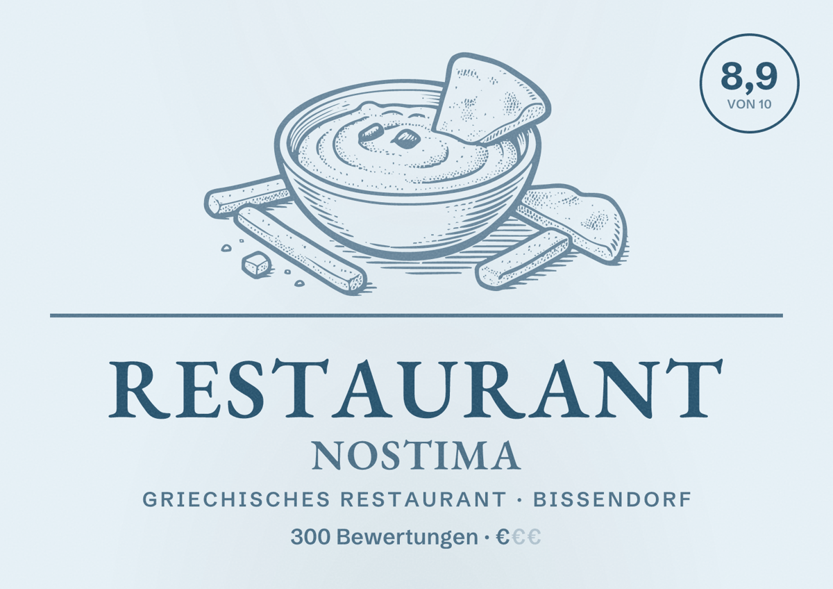 Illustriertes Poster von Restaurant Nostima, Griechisches Restaurant in Bissendorf: Bewertung 8,9 von 10 aus 300 Bewertungen, Preisniveau €