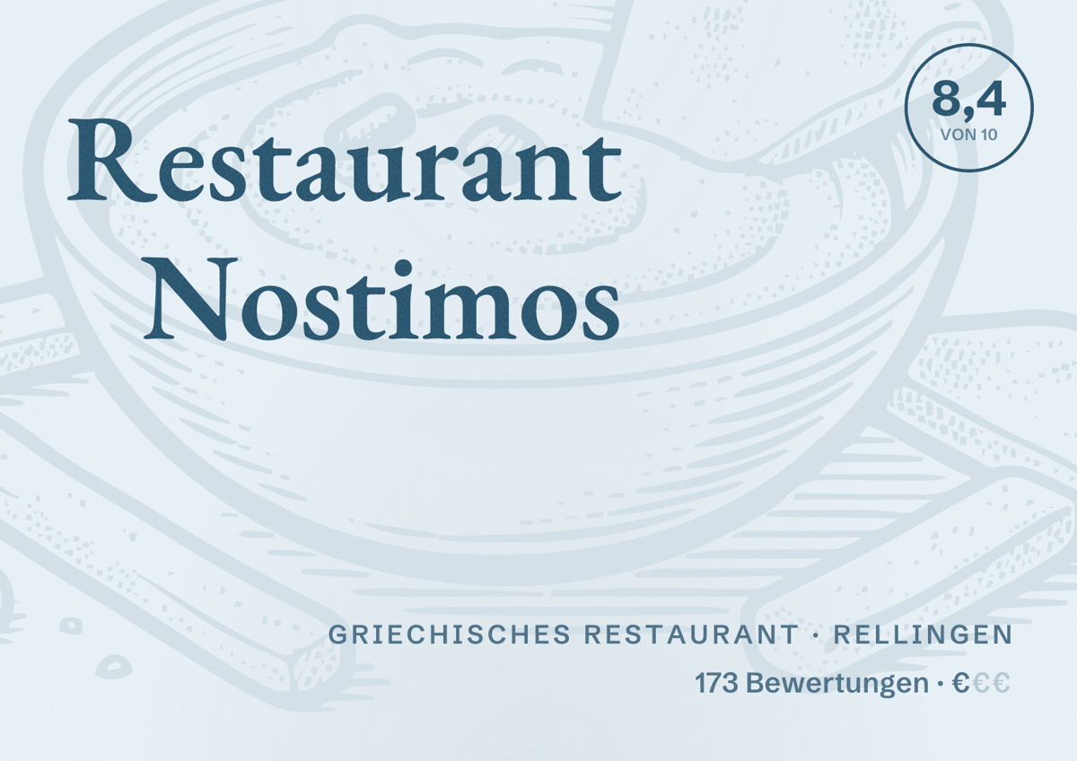 Illustriertes Poster von Restaurant Nostimos, Griechisches Restaurant in Rellingen: Bewertung 8,4 von 10 aus 173 Bewertungen, Preisniveau €