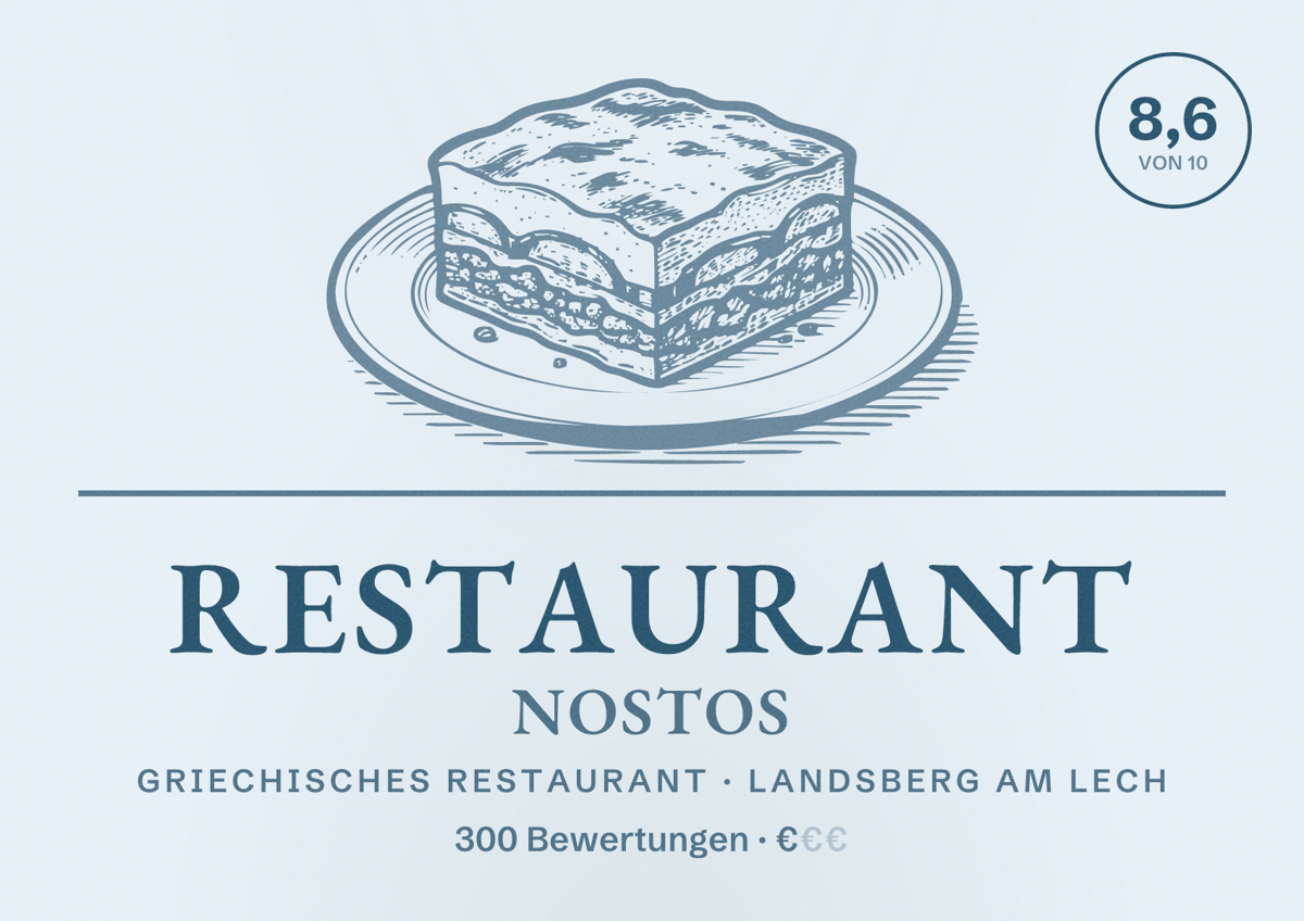 Illustriertes Poster von Restaurant Nostos, Griechisches Restaurant in Landsberg am Lech: Bewertung 8,6 von 10 aus 300 Bewertungen, Preisniveau €