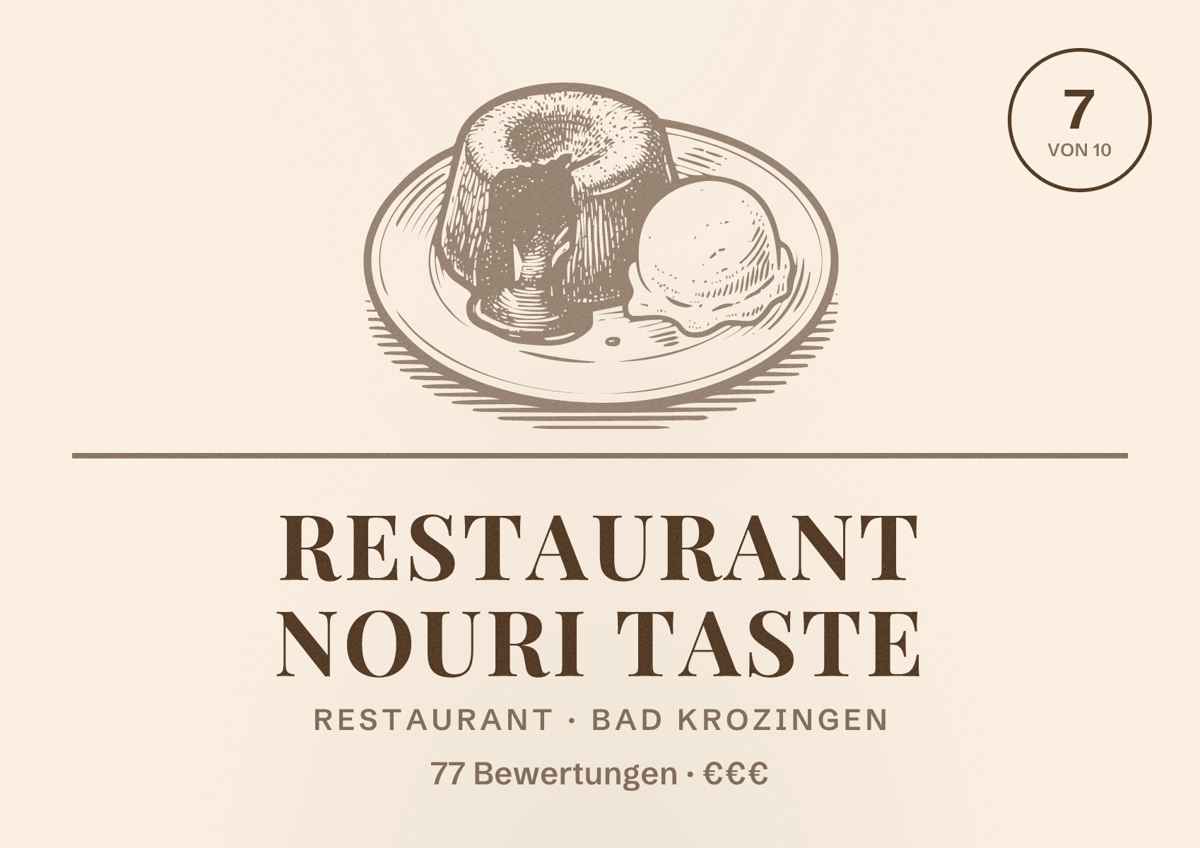 Illustriertes Poster von Restaurant Nouri Taste, Restaurant in Bad Krozingen: Bewertung 7 von 10 aus 77 Bewertungen, Preisniveau €€€
