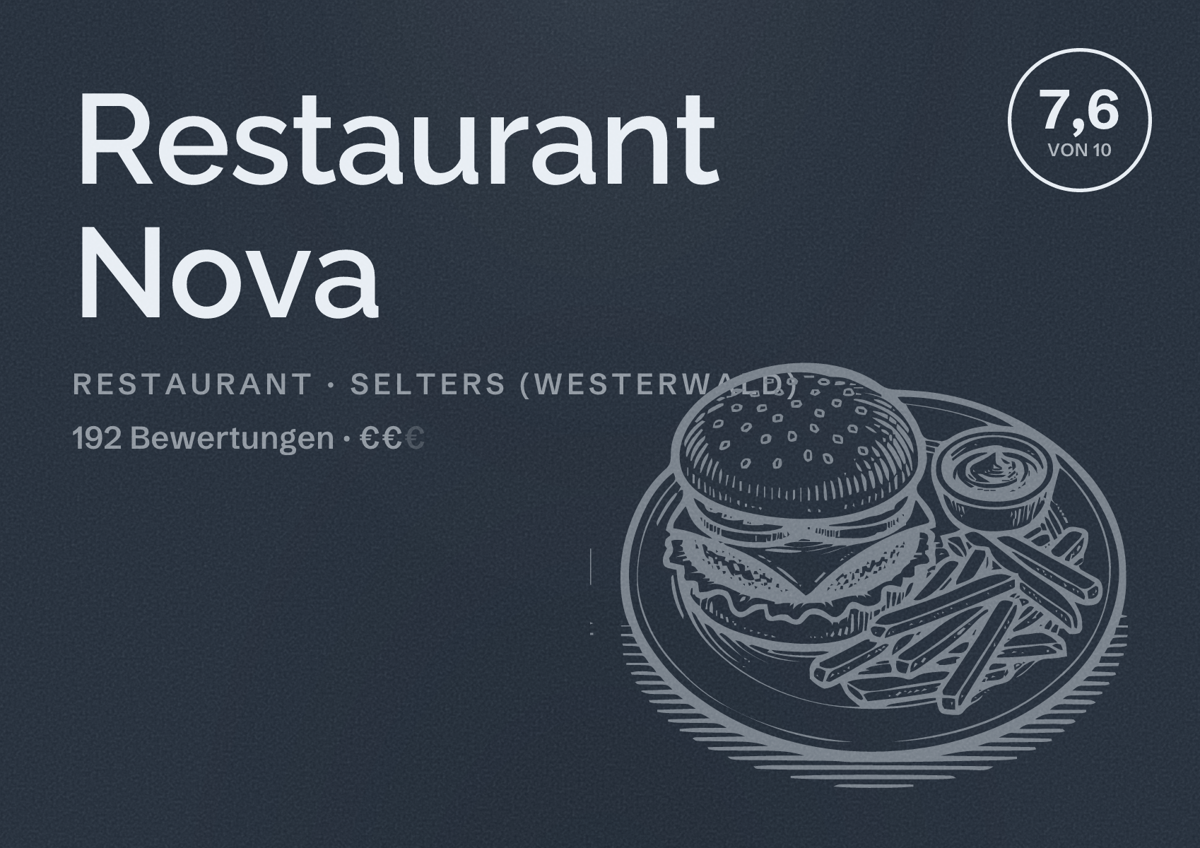 Illustriertes Poster von Restaurant Nova, Restaurant in Selters (Westerwald): Bewertung 7,6 von 10 aus 192 Bewertungen, Preisniveau €€
