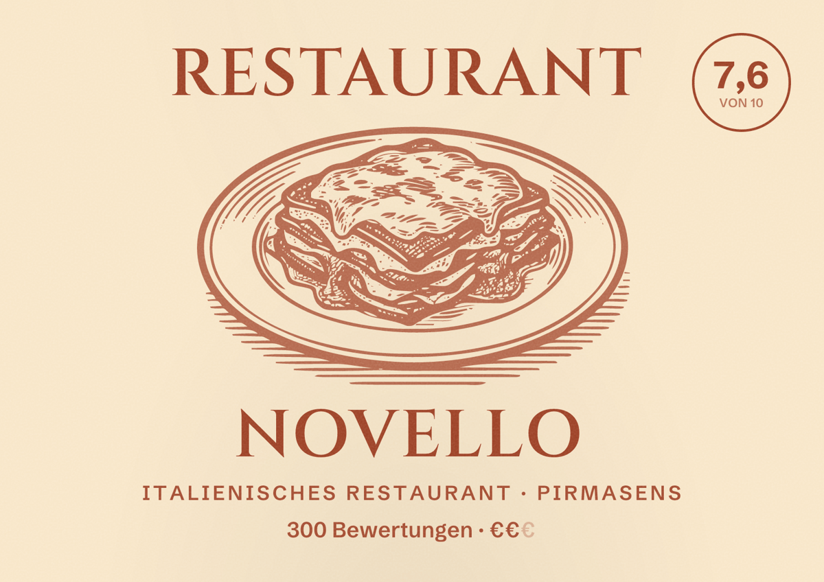 Illustriertes Poster von Restaurant Novello, Italienisches Restaurant in Pirmasens: Bewertung 7,6 von 10 aus 300 Bewertungen, Preisniveau €€
