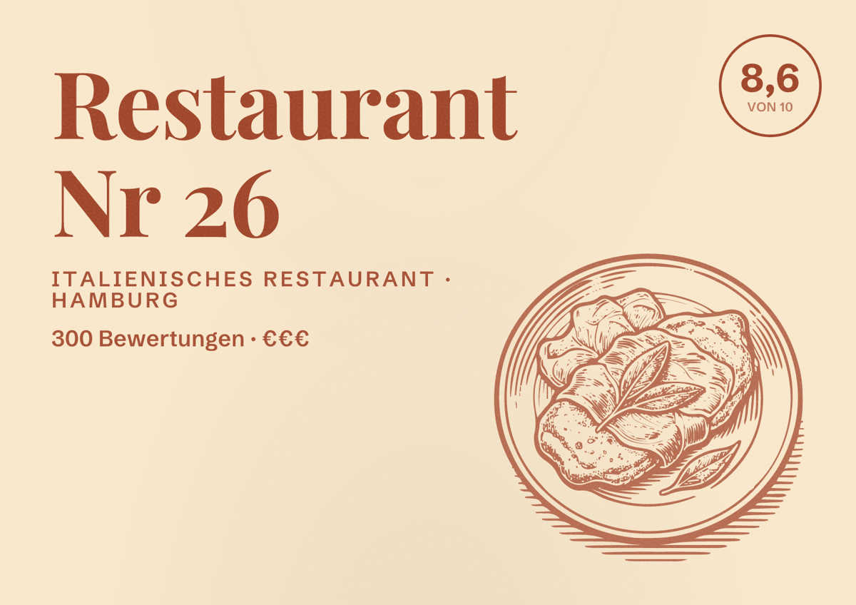 Illustriertes Poster von Restaurant Nr 26, Italienisches Restaurant in Hamburg: Bewertung 8,6 von 10 aus 300 Bewertungen, Preisniveau €€€