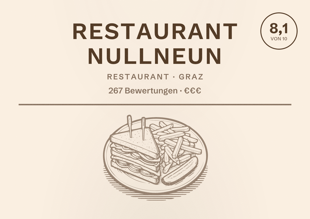 Illustriertes Poster von Restaurant nullneun, Restaurant in Graz: Bewertung 8,1 von 10 aus 267 Bewertungen, Preisniveau €€€