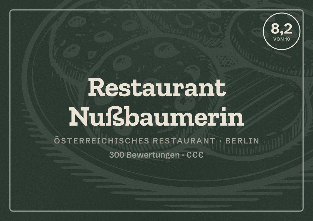 Illustriertes Poster von Restaurant Nußbaumerin, Österreichisches Restaurant in Berlin: Bewertung 8,2 von 10 aus 300 Bewertungen, Preisniveau €€€