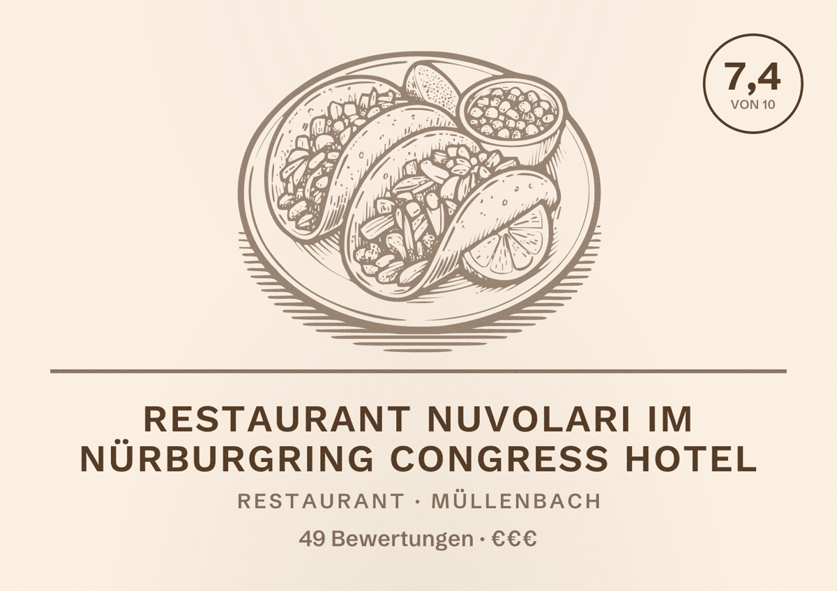 Illustriertes Poster von Restaurant Nuvolari im Nürburgring Congress Hotel, Restaurant in Müllenbach: Bewertung 7,4 von 10 aus 49 Bewertungen, Preisniveau €€€
