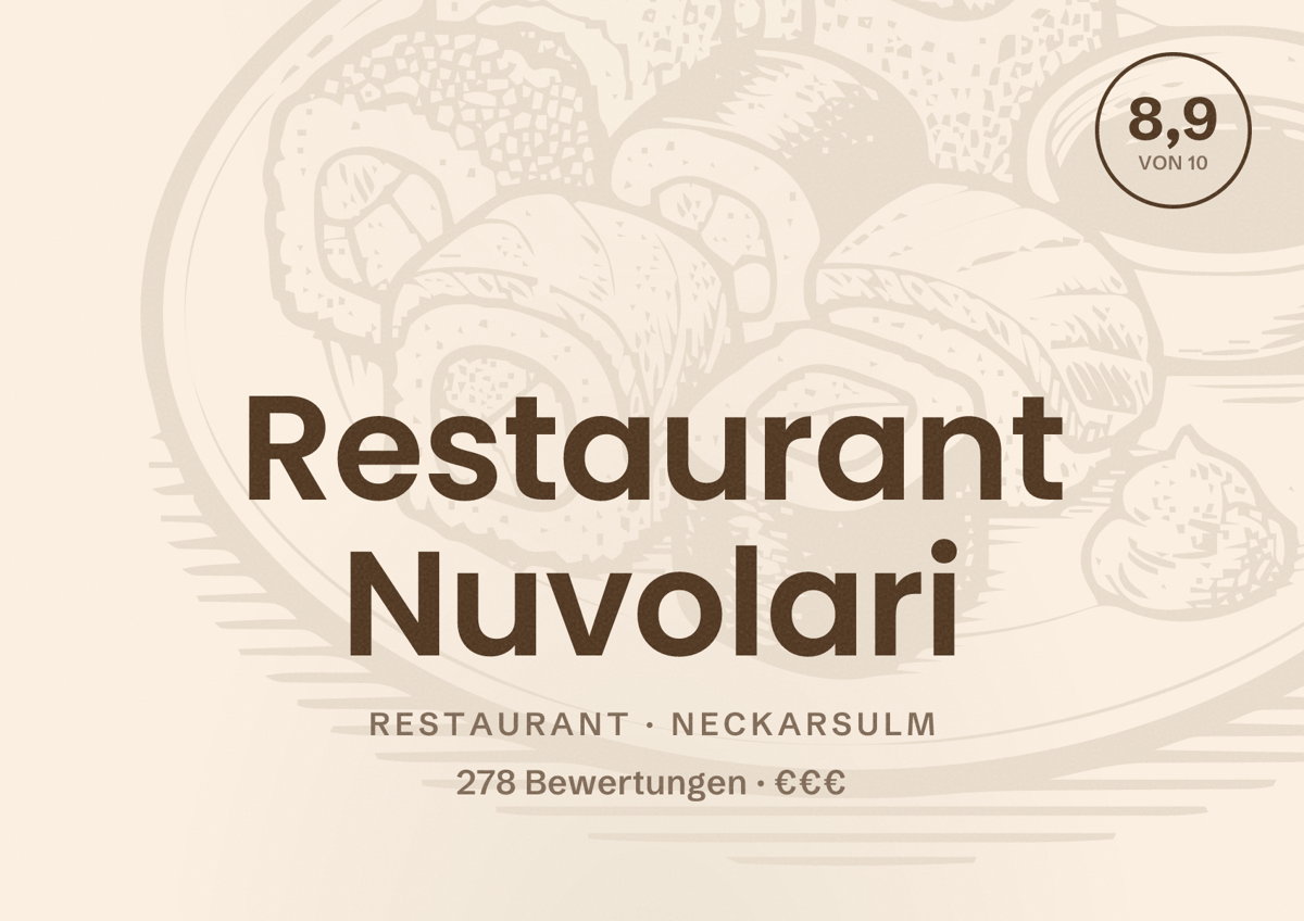 Illustriertes Poster von Restaurant Nuvolari, Restaurant in Neckarsulm: Bewertung 8,9 von 10 aus 278 Bewertungen, Preisniveau €€€