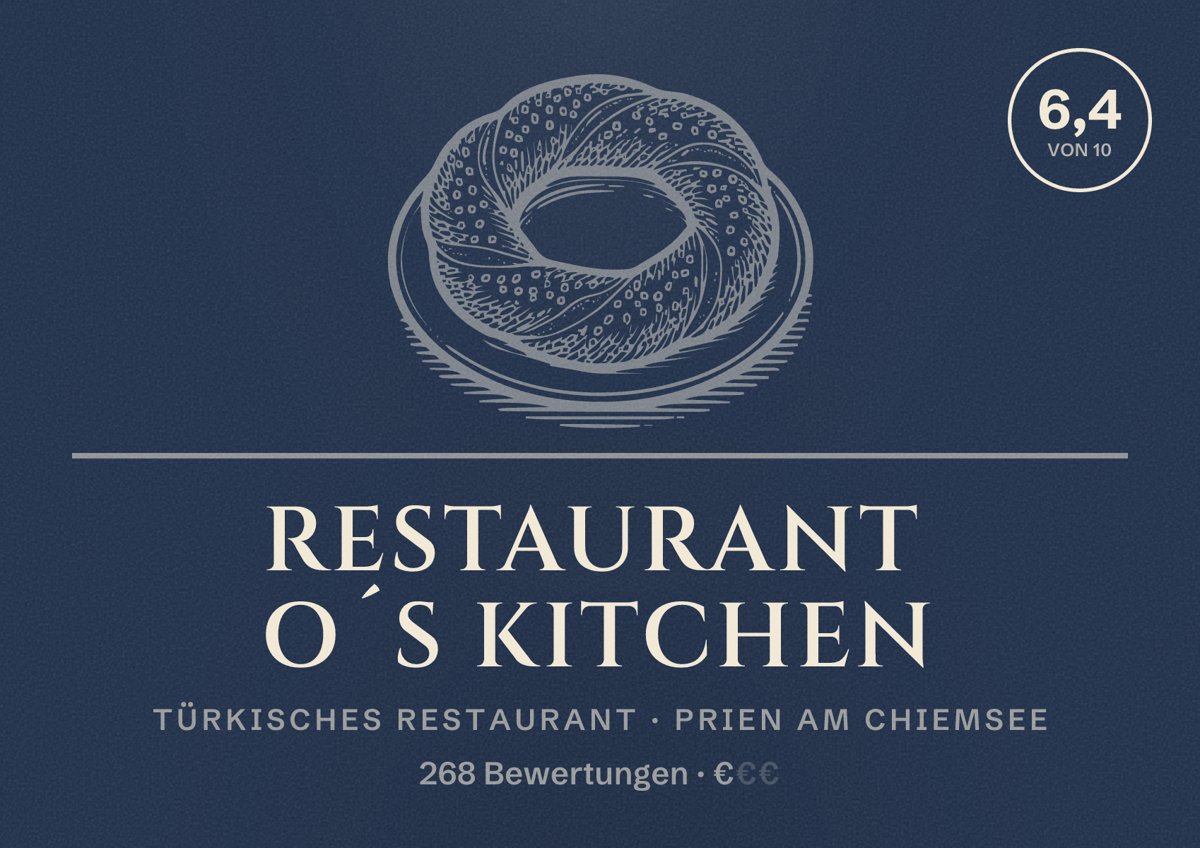 Illustriertes Poster von Restaurant O´s Kitchen, Türkisches Restaurant in Prien am Chiemsee: Bewertung 6,4 von 10 aus 268 Bewertungen, Preisniveau €