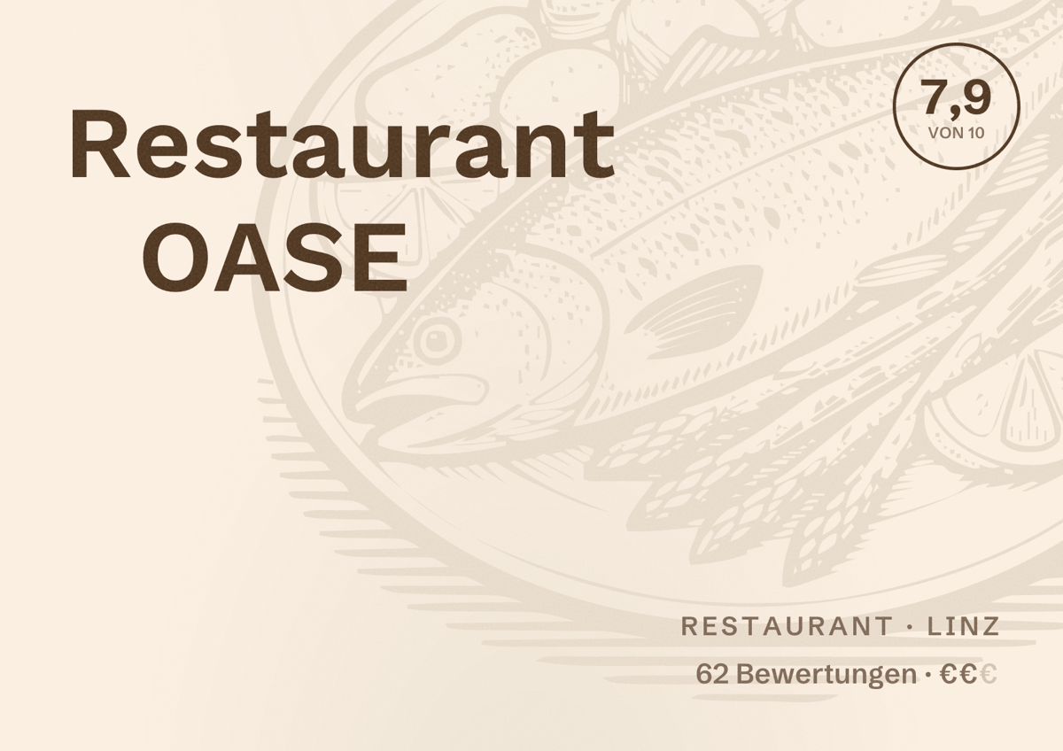 Illustriertes Poster von Restaurant OASE, Restaurant in Linz: Bewertung 7,9 von 10 aus 62 Bewertungen, Preisniveau €€