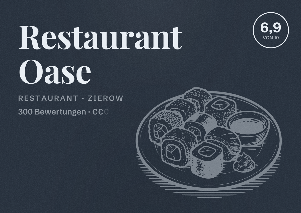 Illustriertes Poster von Restaurant Oase, Restaurant in Zierow: Bewertung 6,9 von 10 aus 300 Bewertungen, Preisniveau €€