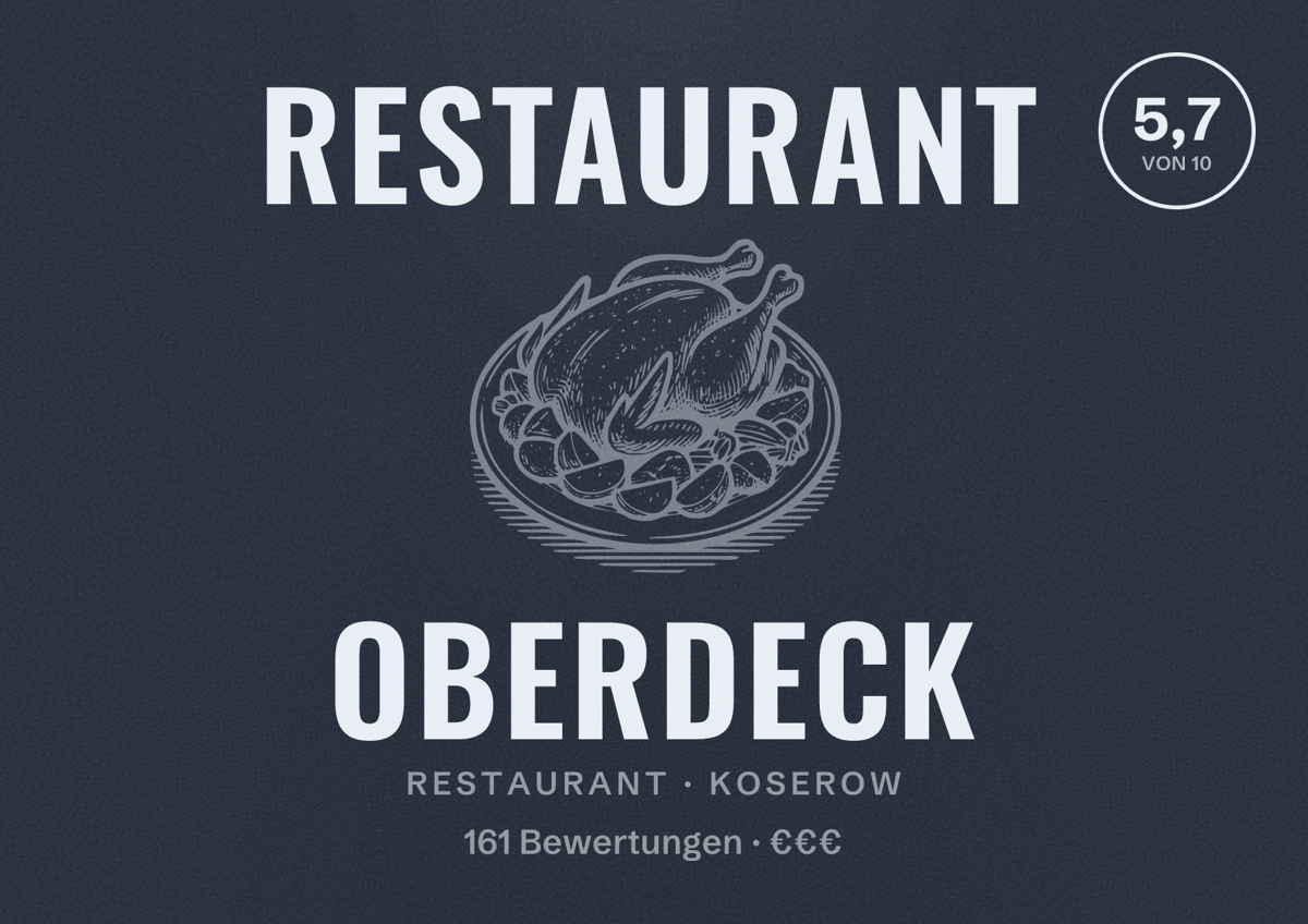 Illustriertes Poster von Restaurant Oberdeck, Restaurant in Koserow: Bewertung 5,7 von 10 aus 161 Bewertungen, Preisniveau €€€