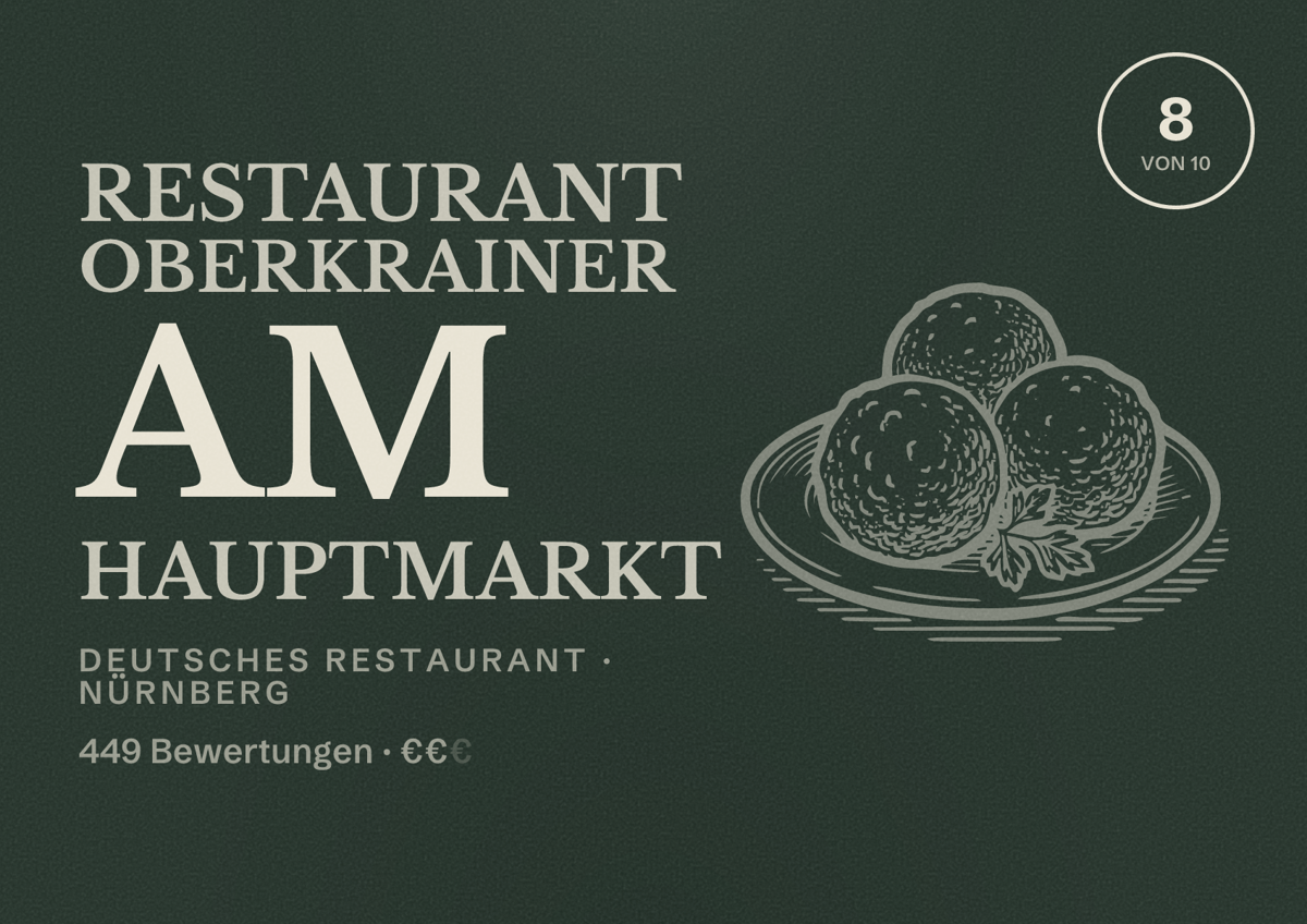 Illustriertes Poster von Restaurant Oberkrainer am Hauptmarkt, Deutsches Restaurant in Nürnberg: Gästebewertung 8,0 von 10 aus 449 Bewertungen