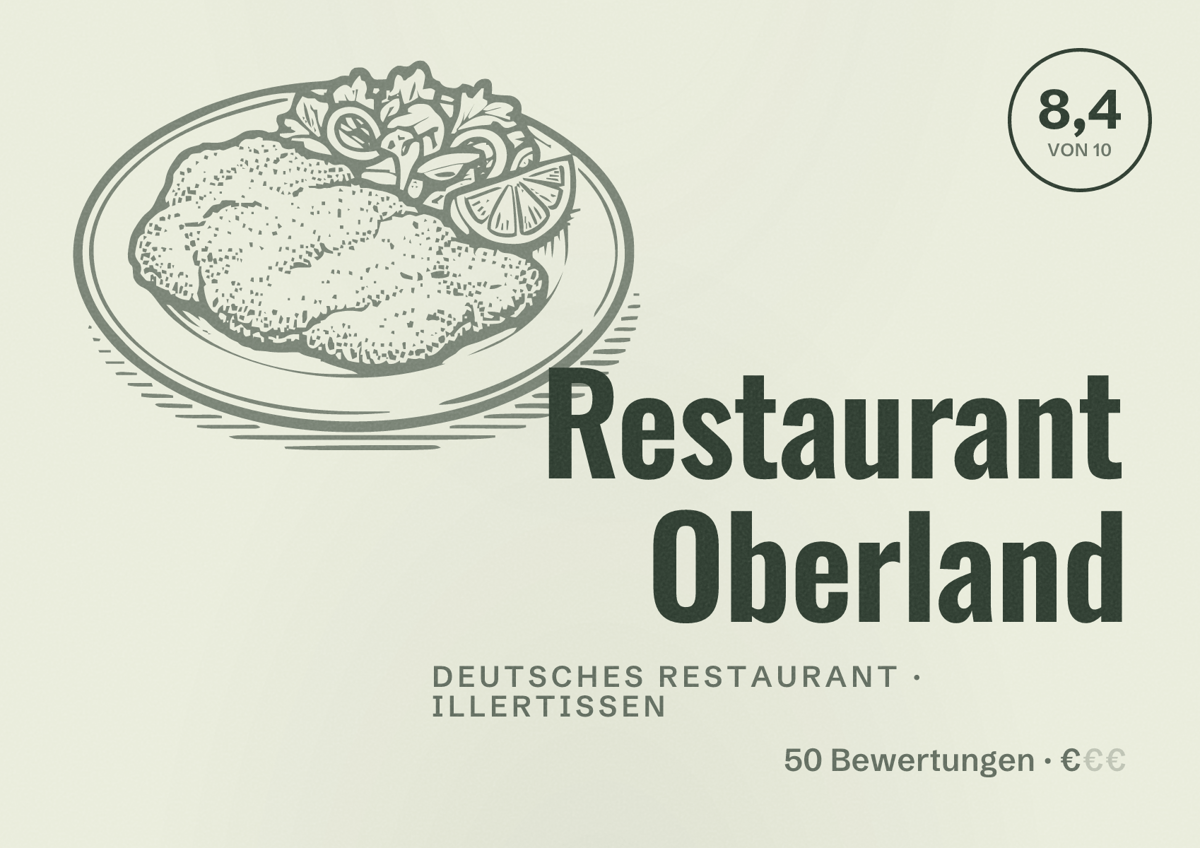 Illustriertes Poster von Restaurant Oberland, Deutsches Restaurant in Illertissen: Bewertung 8,4 von 10 aus 50 Bewertungen, Preisniveau €
