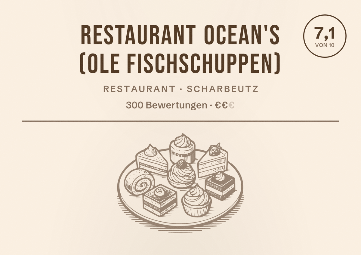 Illustriertes Poster von Restaurant Ocean's (Ole Fischschuppen), Restaurant in Scharbeutz: Bewertung 7,1 von 10 aus 300 Bewertungen, Preisniveau €€