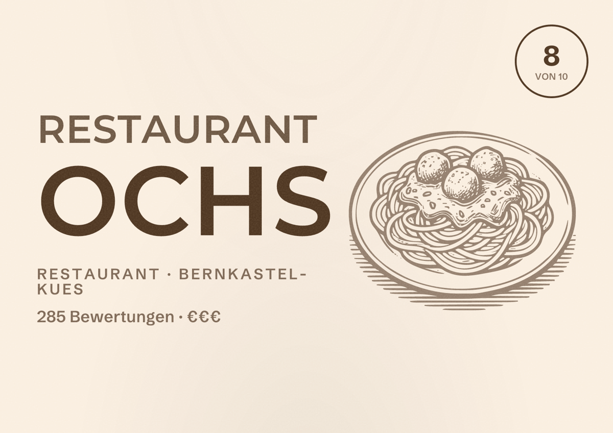 Illustriertes Poster von Restaurant Ochs, Restaurant in Bernkastel-Kues: Bewertung 8 von 10 aus 285 Bewertungen, Preisniveau €€€
