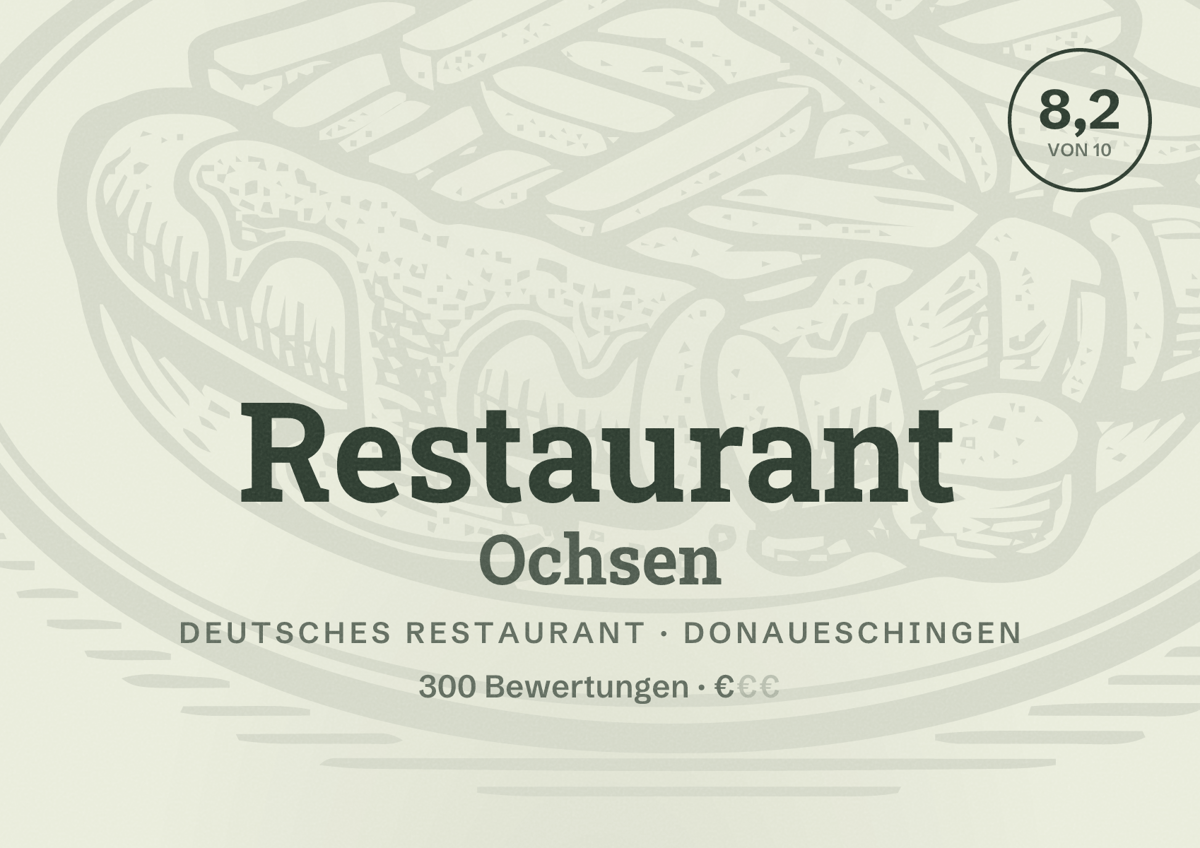 Illustriertes Poster von Restaurant Ochsen, Deutsches Restaurant in Donaueschingen: Bewertung 8,2 von 10 aus 300 Bewertungen, Preisniveau €