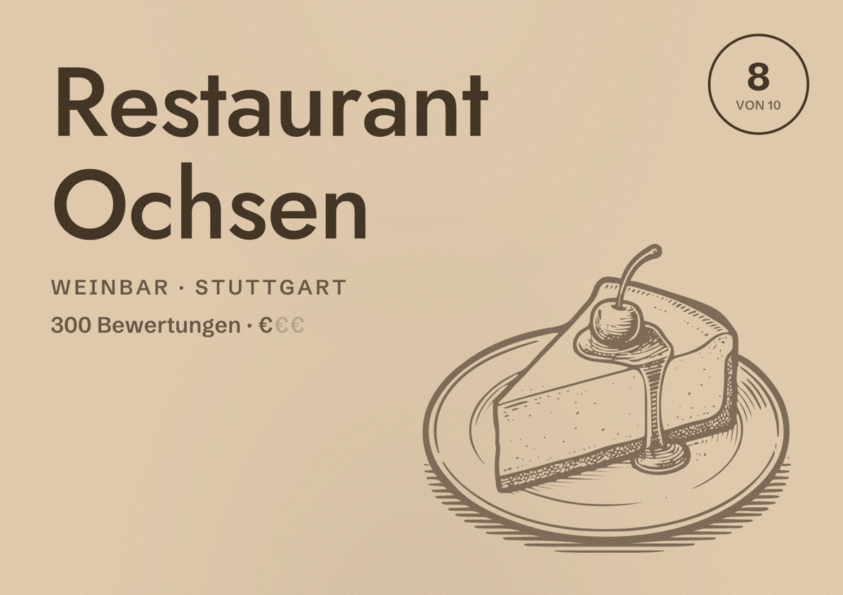 Illustriertes Poster von Restaurant Ochsen, Weinbar in Stuttgart: Bewertung 8,0 von 10 aus 300 Bewertungen, Preisniveau €