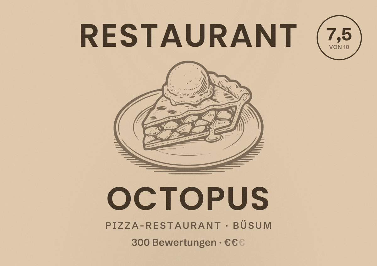 Illustriertes Poster von Restaurant Octopus, Pizza-Restaurant in Büsum: Bewertung 7,5 von 10 aus 300 Bewertungen, Preisniveau €€