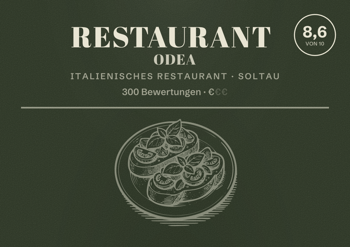 Illustriertes Poster von Restaurant Odea, Italienisches Restaurant in Soltau: Bewertung 8,6 von 10 aus 300 Bewertungen, Preisniveau €