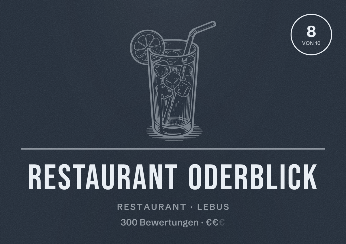 Illustriertes Poster von Restaurant Oderblick, Restaurant in Lebus: Bewertung 8 von 10 aus 300 Bewertungen, Preisniveau €€