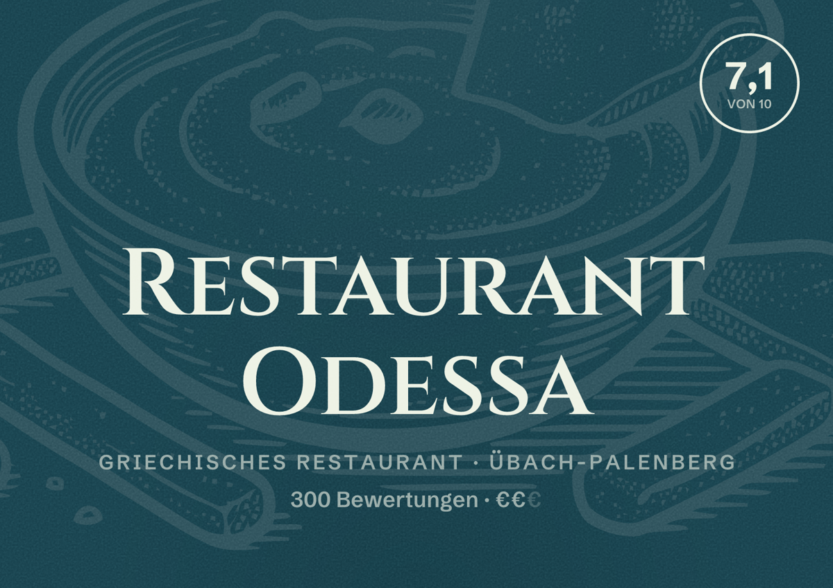 Illustriertes Poster von Restaurant Odessa, Griechisches Restaurant in Übach-Palenberg: Bewertung 7,1 von 10 aus 300 Bewertungen, Preisniveau €€