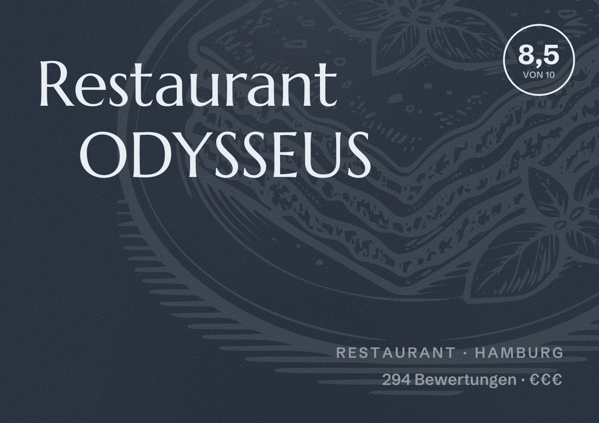 Illustriertes Poster von Restaurant ODYSSEUS, Restaurant in Hamburg: Bewertung 8,5 von 10 aus 294 Bewertungen, Preisniveau €€€