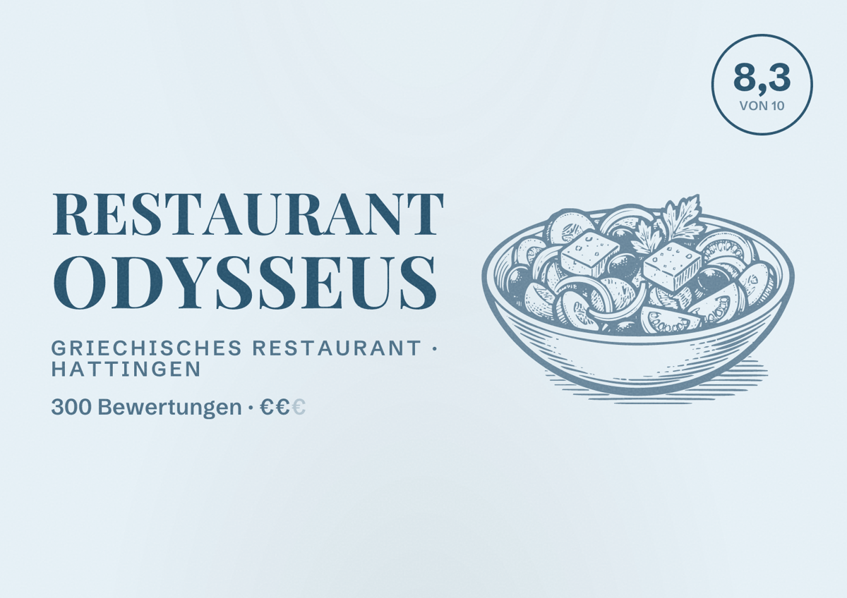 Illustriertes Poster von Restaurant Odysseus, Griechisches Restaurant in Hattingen: Bewertung 8,3 von 10 aus 300 Bewertungen, Preisniveau €€