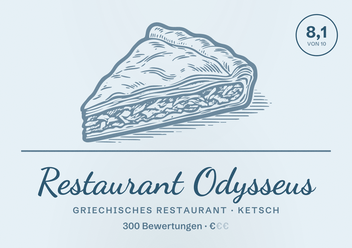 Illustriertes Poster von Restaurant Odysseus, Griechisches Restaurant in Ketsch: Bewertung 8,1 von 10 aus 300 Bewertungen, Preisniveau €
