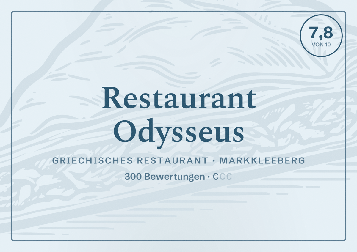 Illustriertes Poster von Restaurant Odysseus, Griechisches Restaurant in Markkleeberg: Bewertung 7,8 von 10 aus 300 Bewertungen, Preisniveau €